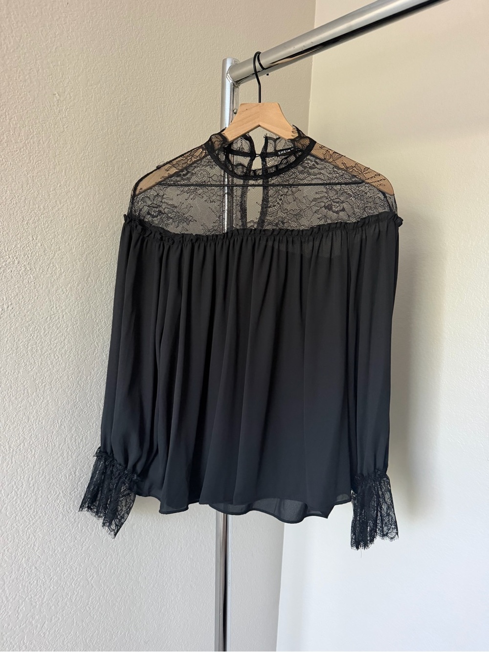 Black Lace Yoke Off-Shoulder Blouse